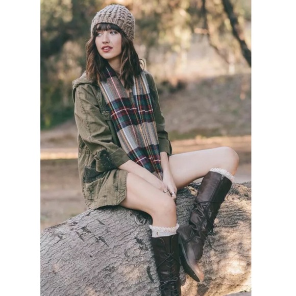 Khaki Plaid Classic Frayed Edge Infinity Scarf - Picture 3 of 4